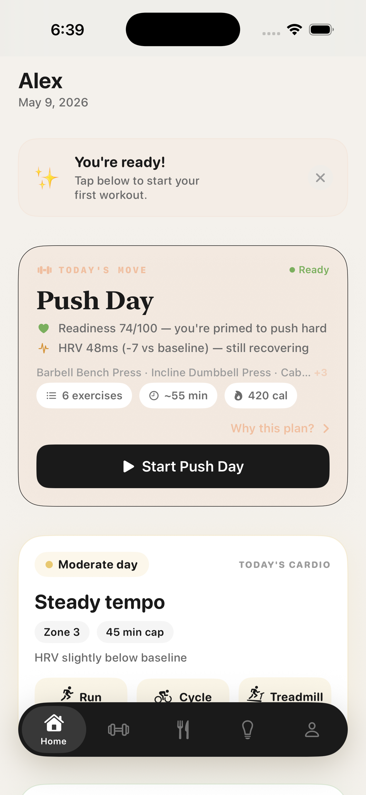 RepMemory dashboard showing today's smart session, readiness score, and recovery insights