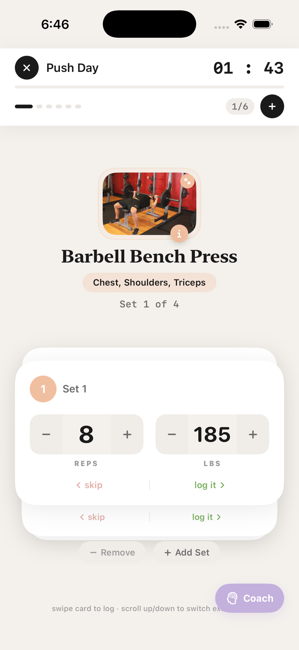 RepMemory active workout screen with set logging and rest timer