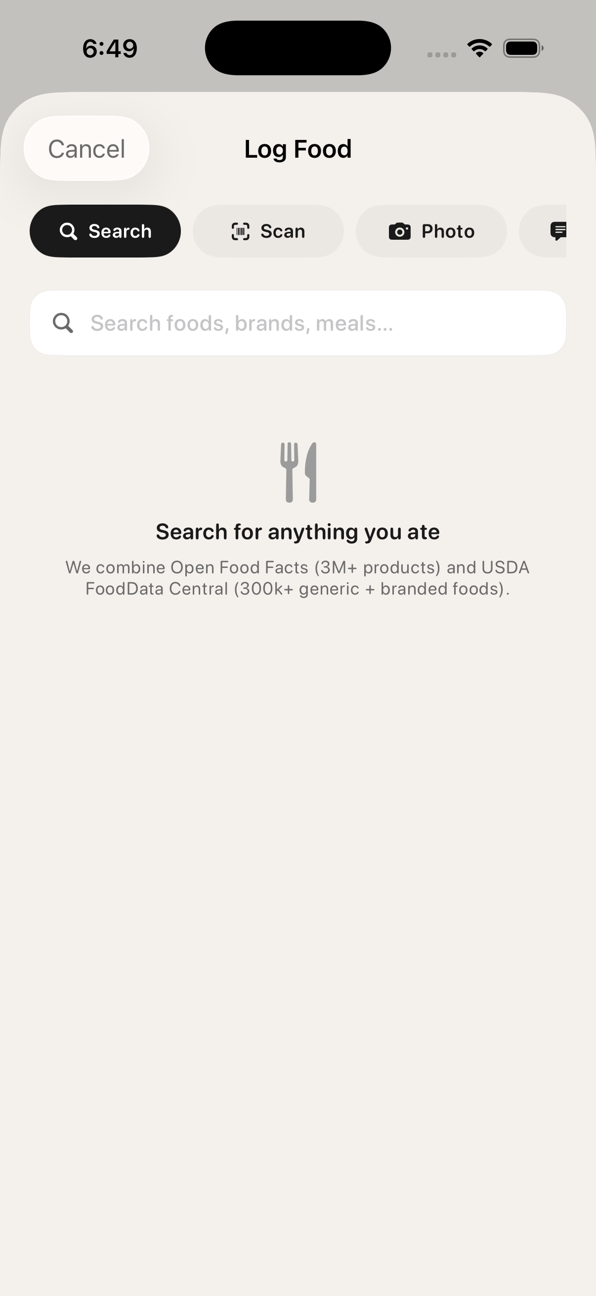 RepMemory food logger with Search, Scan, and Photo modes